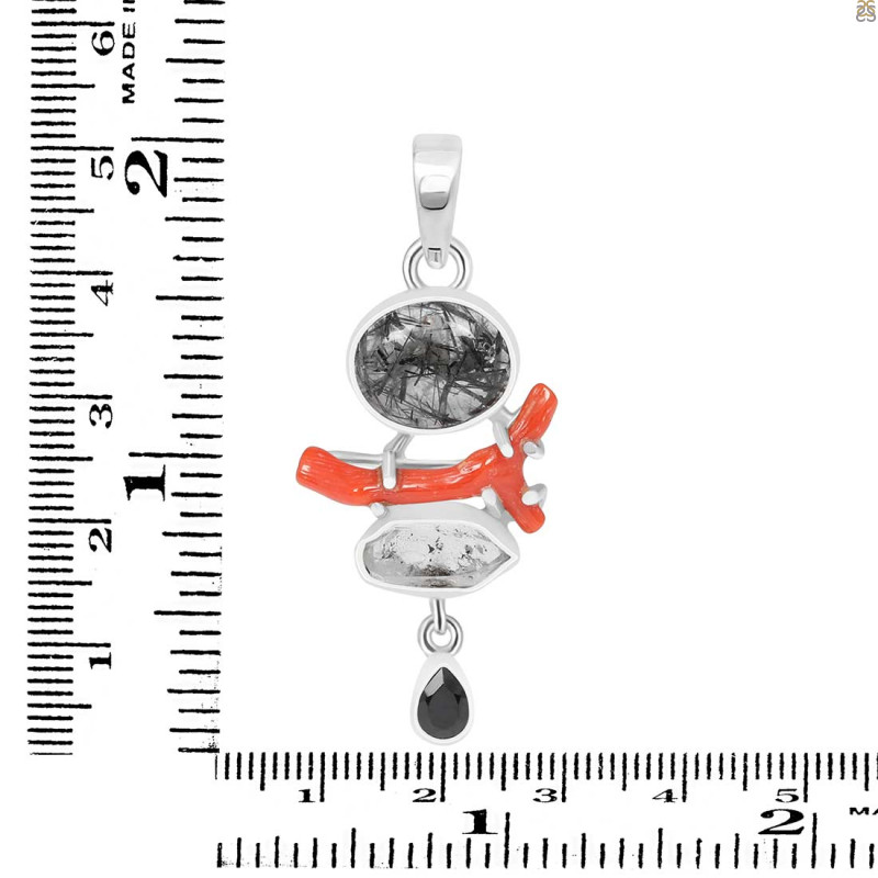 Red Coral/Black Rutile/Herkimer Diamond/Black Spinel Pendant-2SP COR-1-278