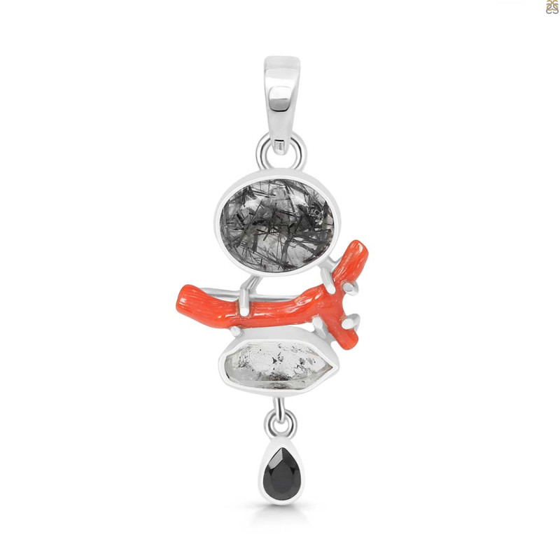 Red Coral/Black Rutile/Herkimer Diamond/Black Spinel Pendant-2SP COR-1-278