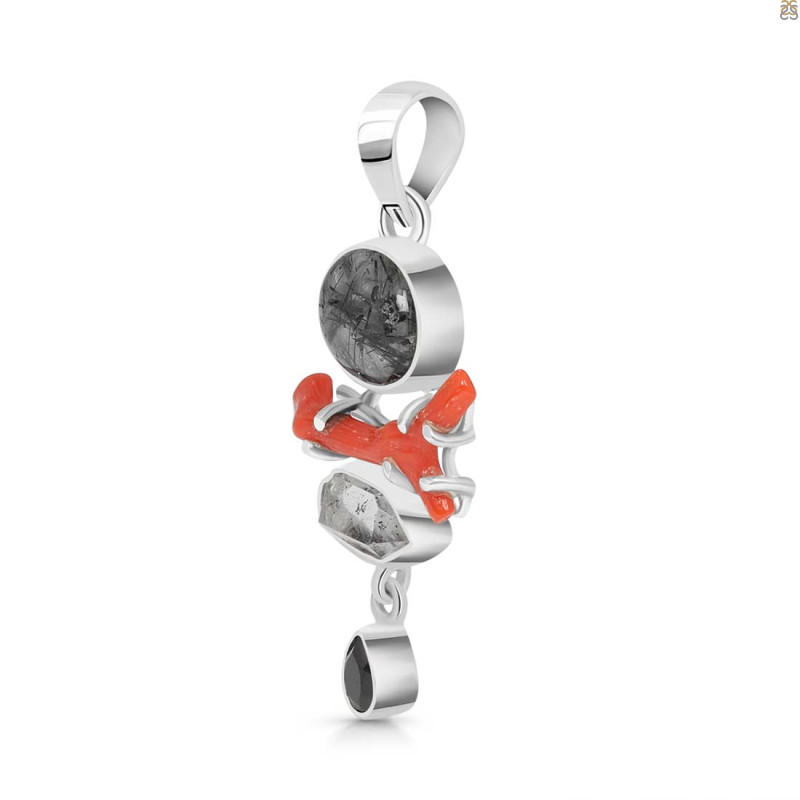 Red Coral/Black Rutile/Herkimer Diamond/Black Spinel Pendant-2SP COR-1-278