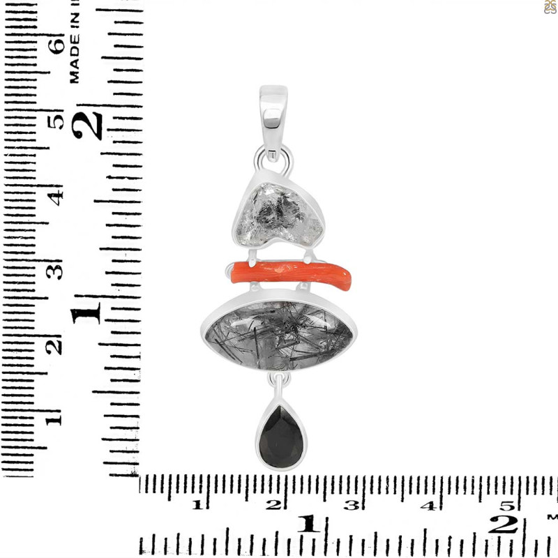 Red Coral/Black Rutile/Herkimer Diamond/Black Spinel Pendant-2SP COR-1-285