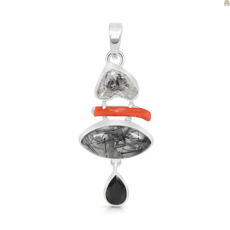 Red Coral/Black Rutile/Herkimer Diamond/Black Spinel Pendant-2SP COR-1-285