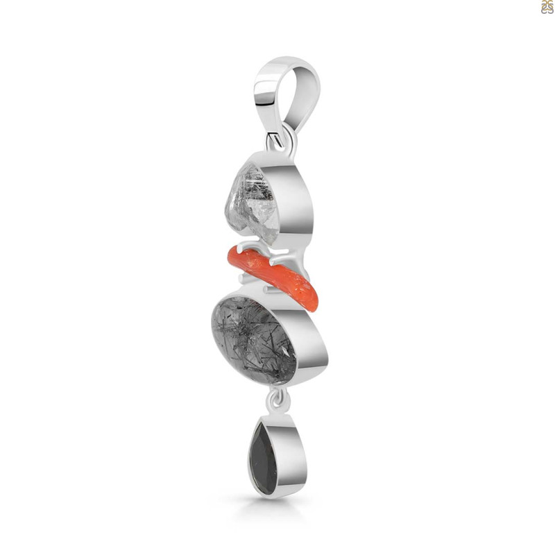 Red Coral/Black Rutile/Herkimer Diamond/Black Spinel Pendant-2SP COR-1-285