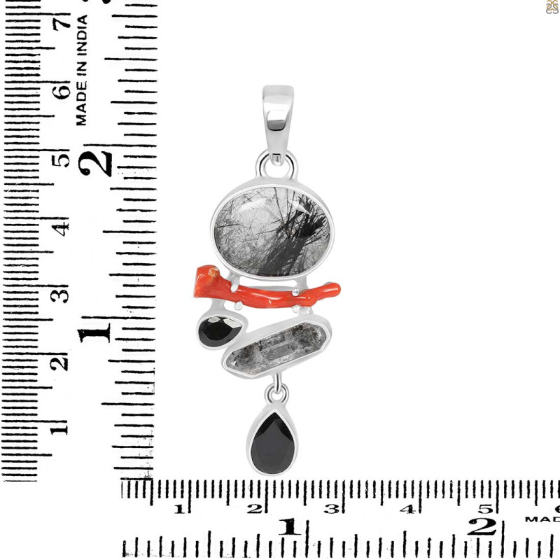 Red Coral/Black Rutile/Herkimer Diamond/Black Spinel Pendant-2SP COR-1-286