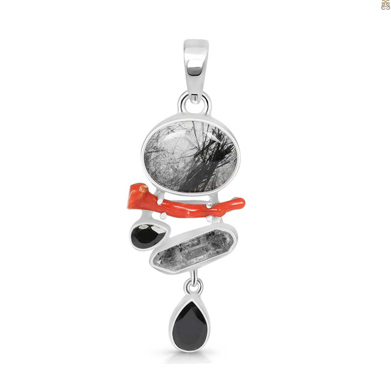 Red Coral/Black Rutile/Herkimer Diamond/Black Spinel Pendant-2SP COR-1-286