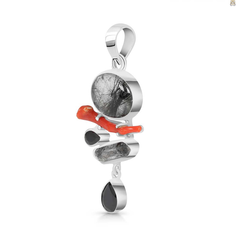 Red Coral/Black Rutile/Herkimer Diamond/Black Spinel Pendant-2SP COR-1-286