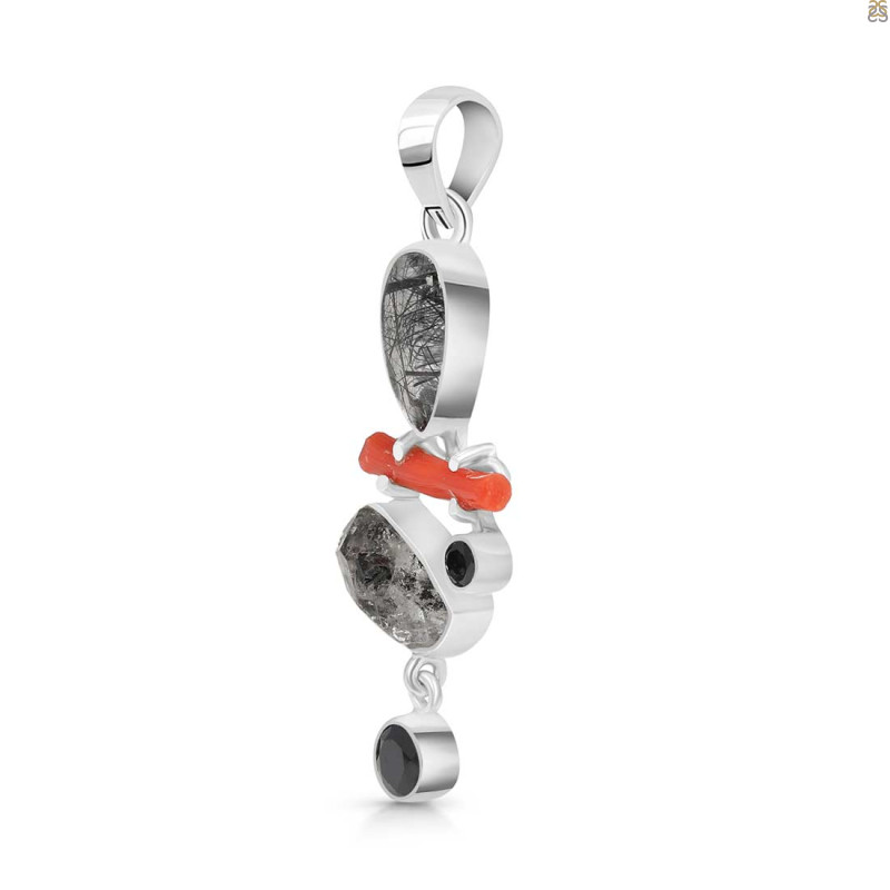 Red Coral/Herkimer Diamond/Black Rutile/Black Spinel Pendant-2SP 