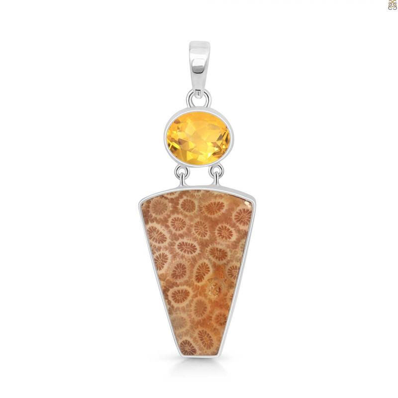 Fossilized Coral/Citrine Pendant-2SP FSC-1-52