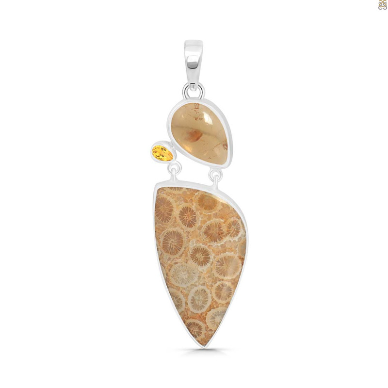 Fossilized Coral/Citrine Pendant-2SP FSC-1-73
