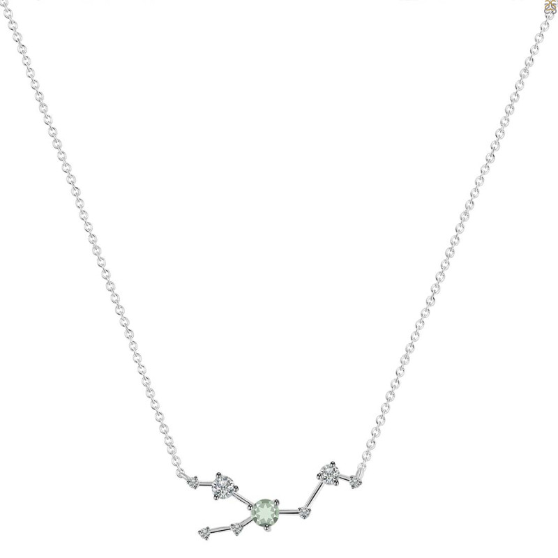 Taurus Zodiac Star Constellation Green Amethyst & White Topaz Necklace GRA-RDN-492.
