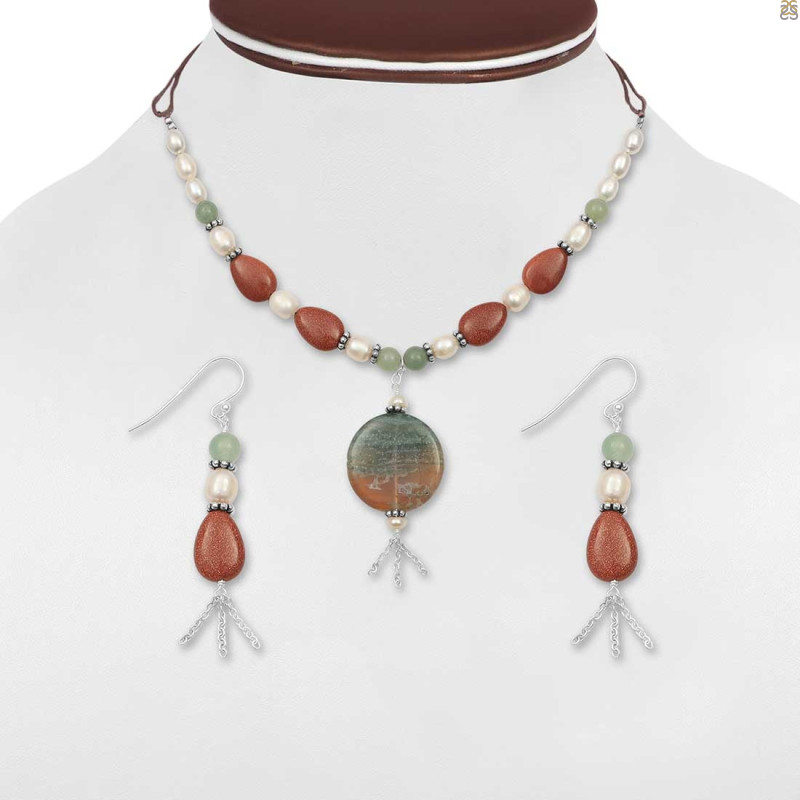 SunStone/Pearl/Green Jasper Beaded Jewelry Set BDD-12-1614
