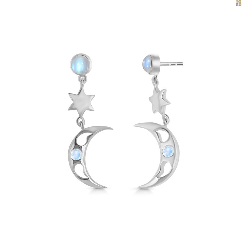 Moonstone Crescent Moon & Star Earring