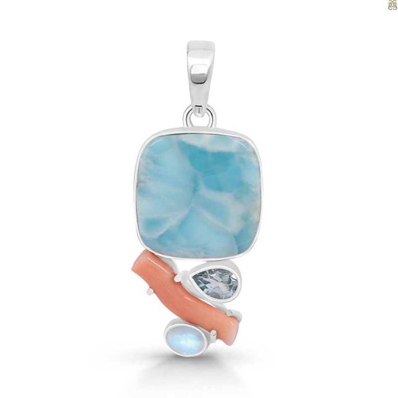 Larimar/Coral/Blue Topaz/Moonstone pendant-2SP LAR-1-1103