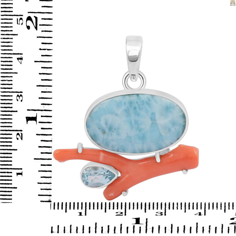 Larimar/Coral/Blue Topaz pendant-2SP LAR-1-1104