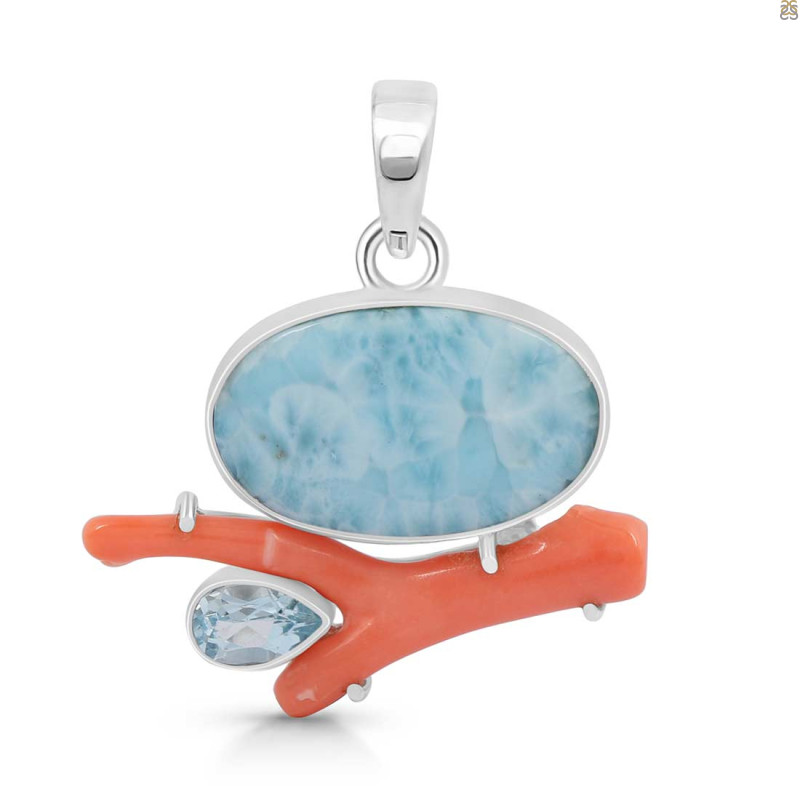 Larimar/Coral/Blue Topaz pendant-2SP LAR-1-1104