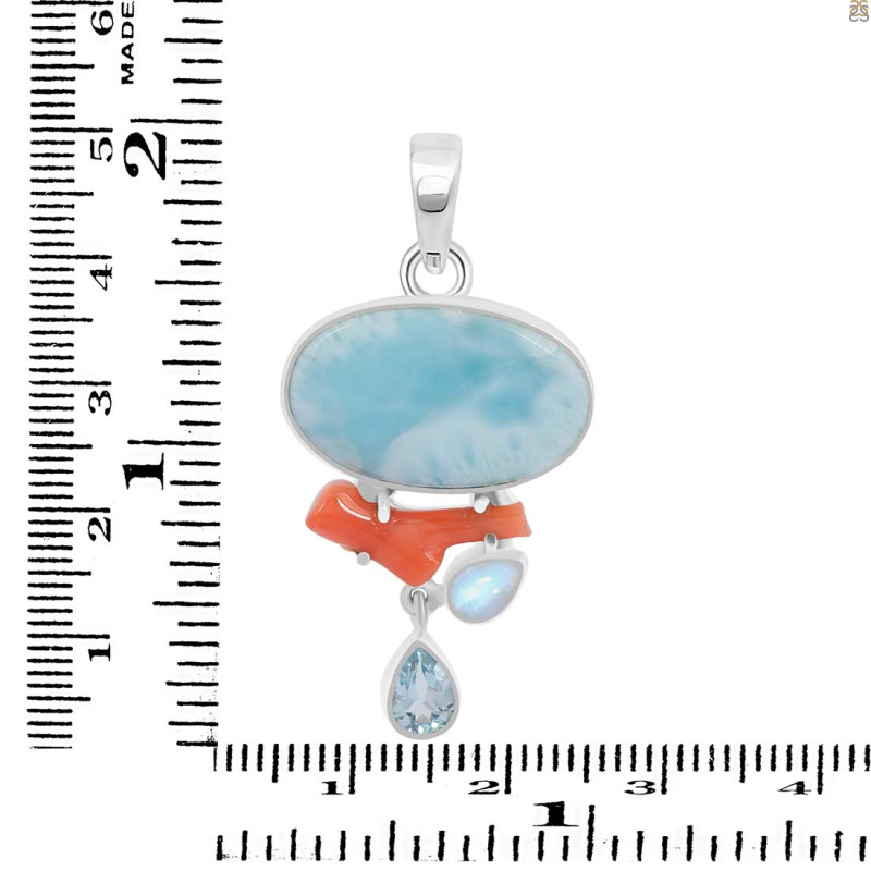 Larimar/Coral/Blue Topaz/Moonstone pendant-2SP LAR-1-1117