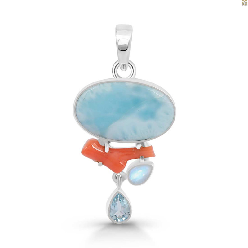 Larimar/Coral/Blue Topaz/Moonstone pendant-2SP LAR-1-1117