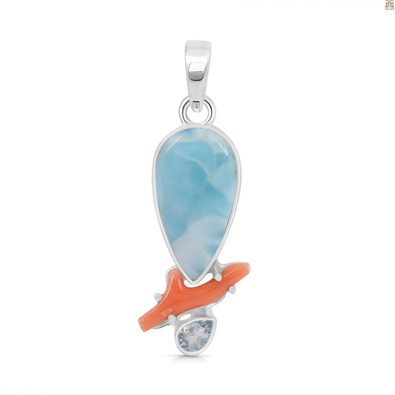 Larimar/Coral/Blue Topaz pendant-2SP LAR-1-1119