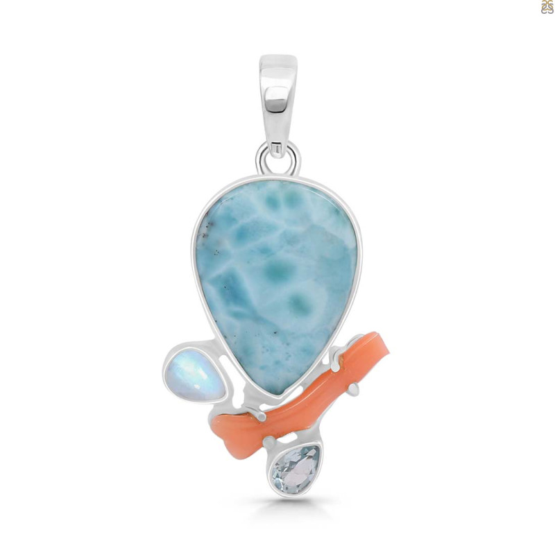 Larimar/Coral/Blue Topaz/Moonstone pendant-2SP LAR-1-1120