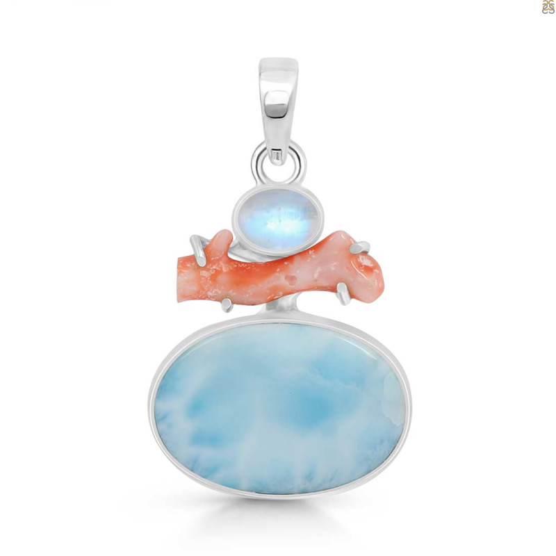 Larimar/Coral/Moonstone pendant-2SP LAR-1-1121