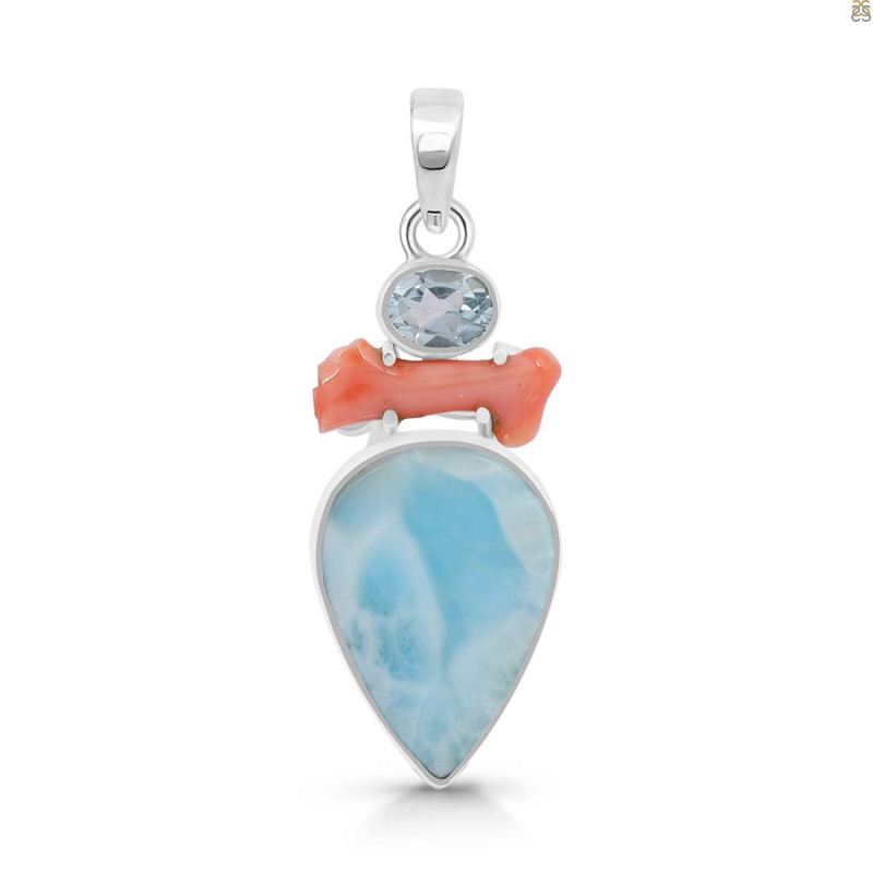 Larimar/Coral/Blue Topaz pendant-2SP LAR-1-1126