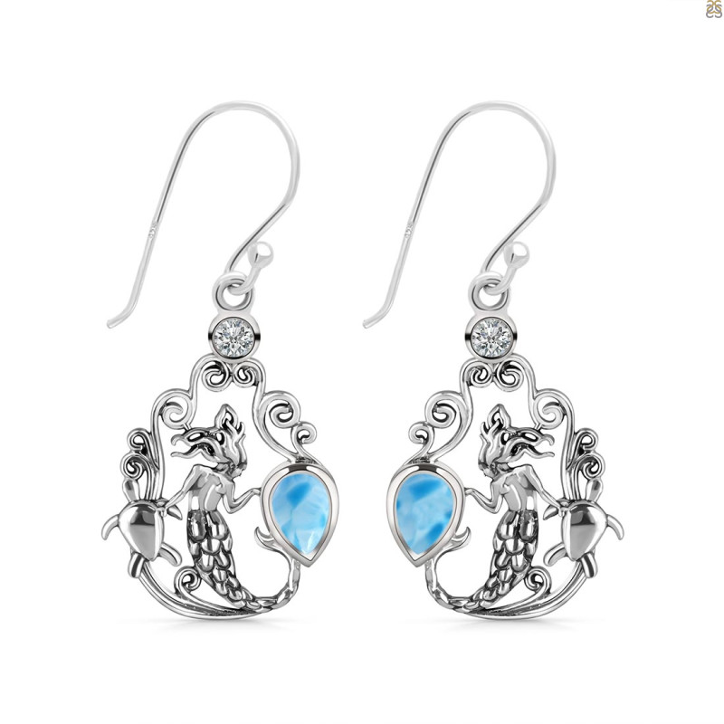 Larimar & Blur Topaz Mermaid & Turtle Earring LAR-RUE-67.