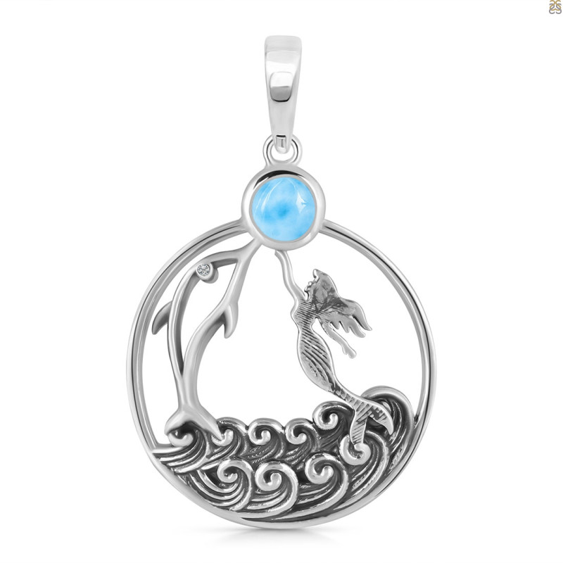 Larimar & White Topaz Dolphin & Mermaid & Waves Pendant LAR-RUP-34.