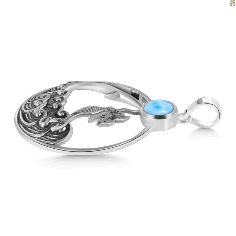 Larimar & White Topaz Dolphin & Mermaid & Waves Pendant