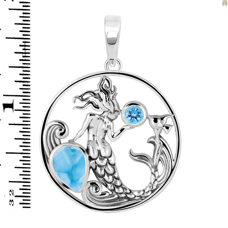 Larimar & Blue Topaz Mermaid & Fish Pendant LAR-RUP-57.