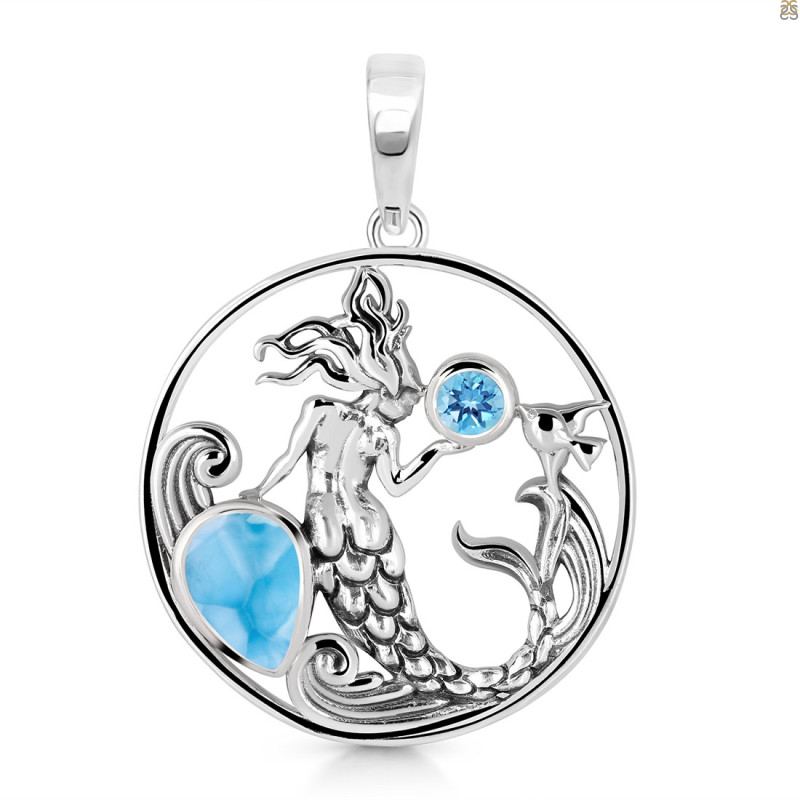 Larimar & Blue Topaz Mermaid & Fish Pendant LAR-RUP-57.