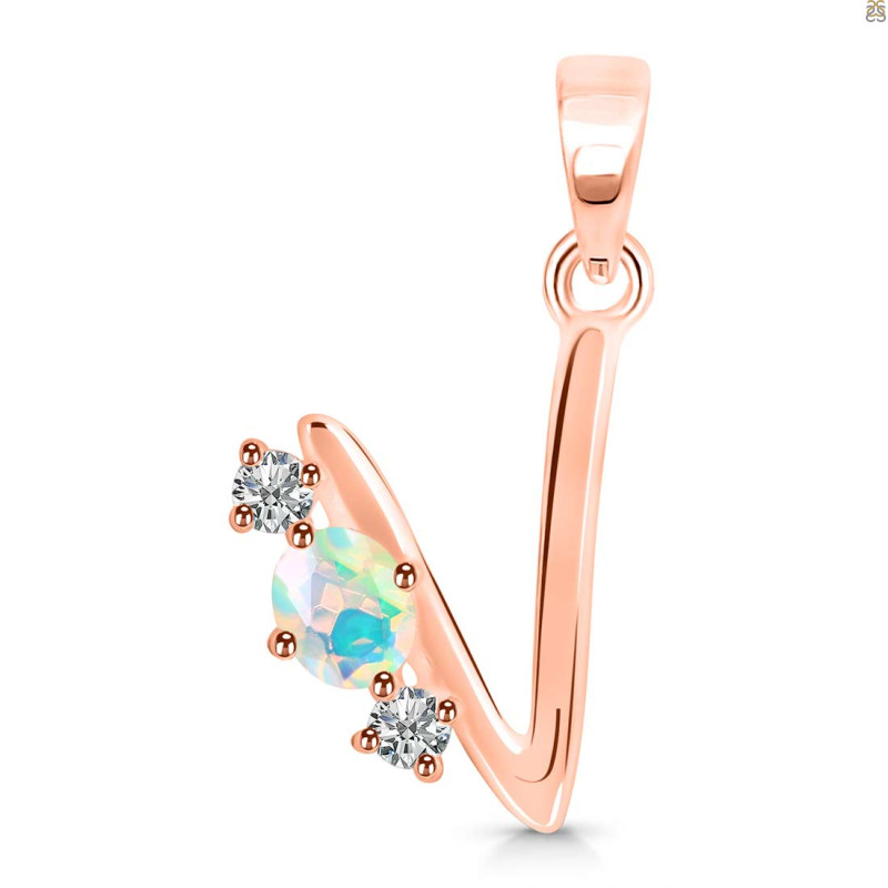 Opal & White Topaz Alphabet V Pendant OPL-RDA-74.
