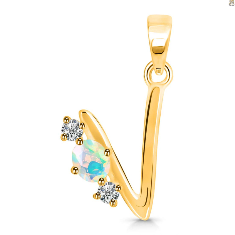 Opal & White Topaz Alphabet V Pendant OPL-RDA-74.