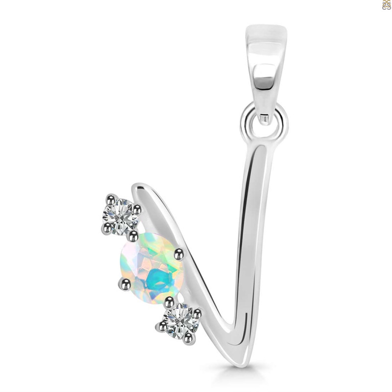 Opal & White Topaz Alphabet V Pendant OPL-RDA-74.