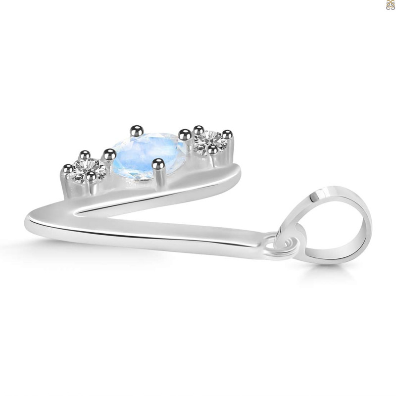 Moonstone & White Topaz Alphabet V Pendant