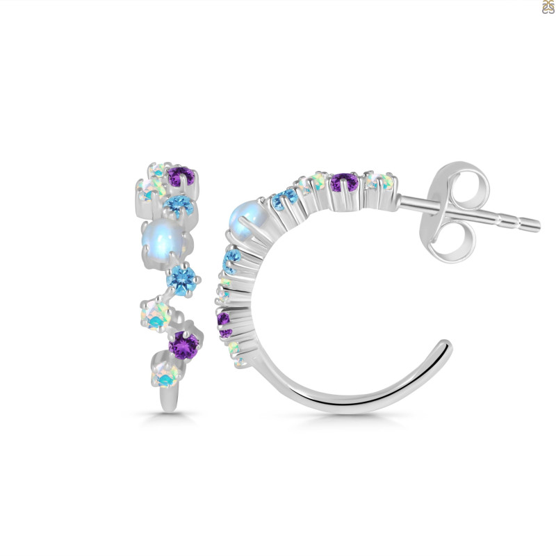 Moonstone & Opal & White Topaz Hoop Earring