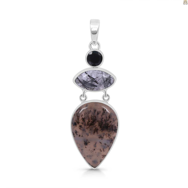 Russian Dendritic Agate/Black Spinel/Black Rutile Pendant-2SP RDA-1-111
