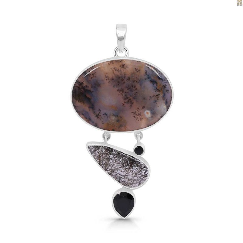 Russian Dendritic Agate/Black Spinel/Black Rutile Pendant-2SP RDA-1-113