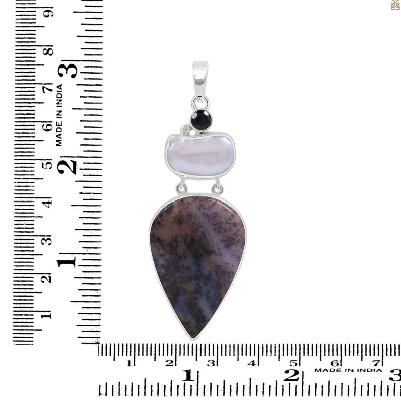 Russian Dendritic Agate/Black Spinel/Pearl Pendant-2SP RDA-1-131