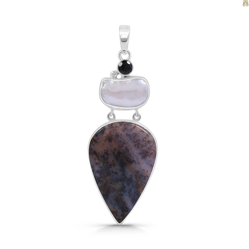 Russian Dendritic Agate/Black Spinel/Pearl Pendant-2SP RDA-1-131