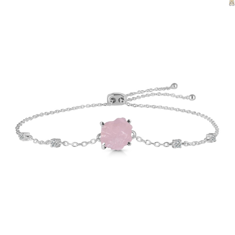 Rose Quartz Raw Crystal & White Topaz Bracelet With Adjustable Camera Lock