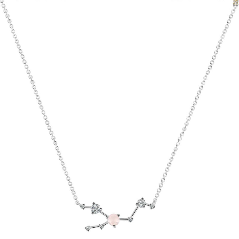 Taurus Zodiac Star Constellation Rose Quartz & White Topaz Necklace RSQ-RDN-492.