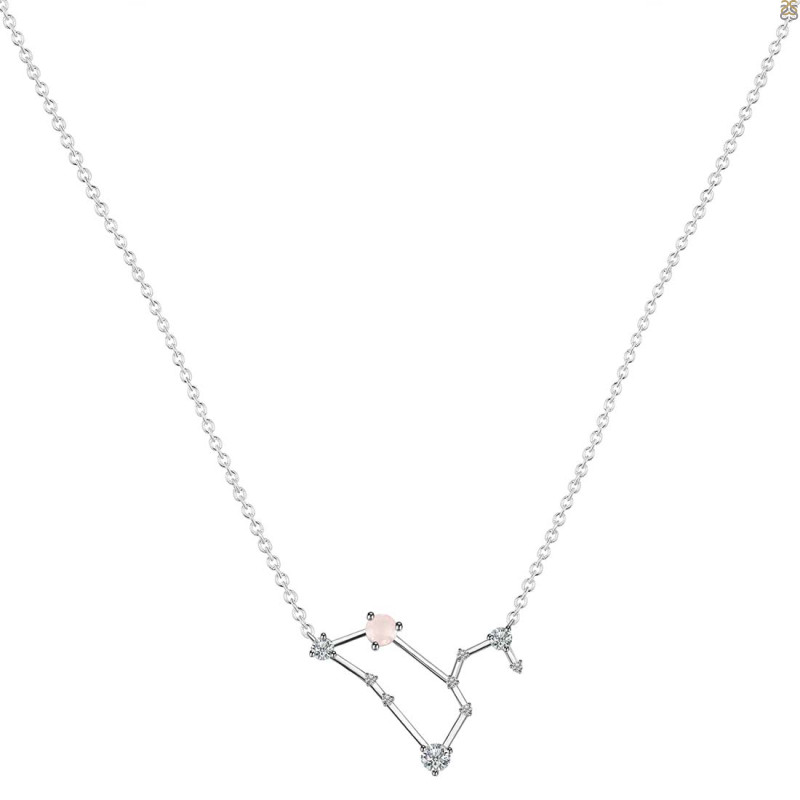 Leo Zodiac Star Constellation Rose Quartz & White Topaz Necklace RSQ-RDN-493.