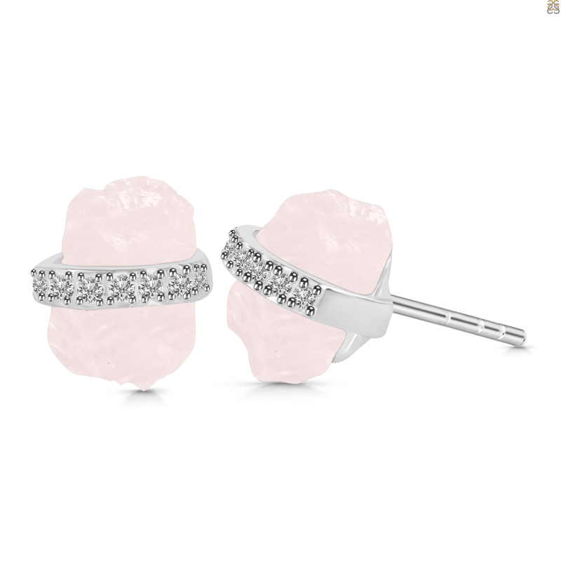 Rose Quartz Raw Crystal & White Topaz Stud Earring