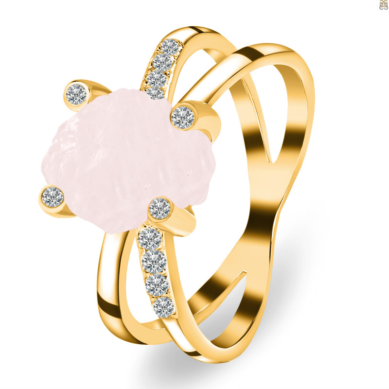 Rose Quartz Raw Crystal & White Topaz Ring RSQ-RR-382.