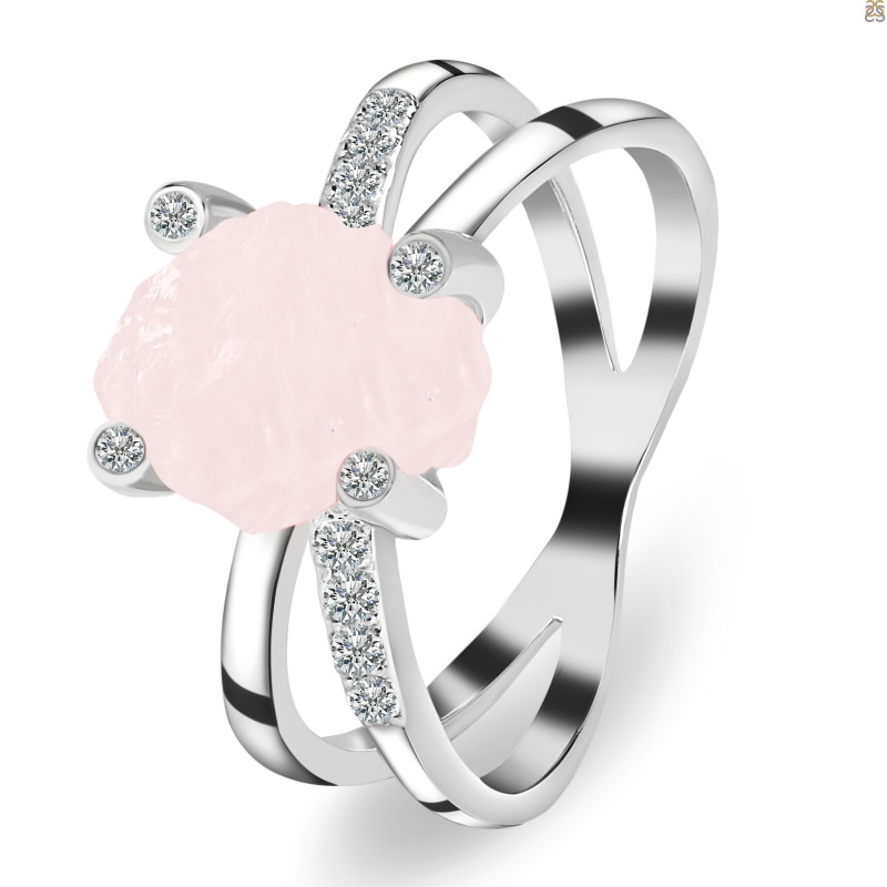 Rose Quartz Raw Crystal & White Topaz Ring