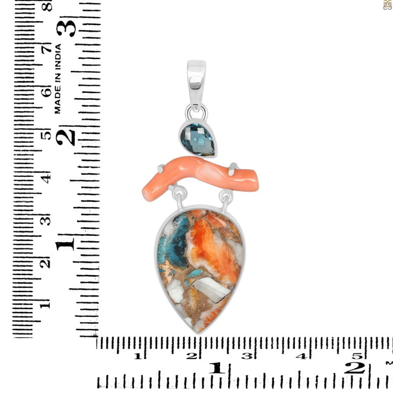 Spiny Oyster Turquoise / Coral & London Blue Topaz Pendant-2SP TRO-1-192