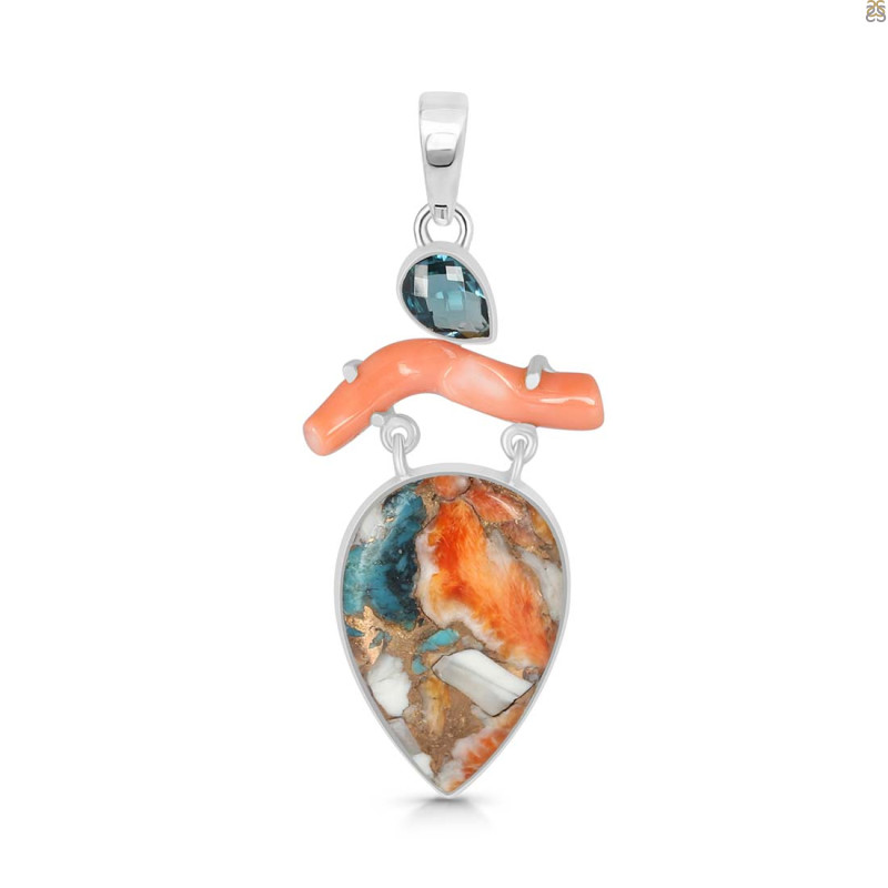 Spiny Oyster Turquoise / Coral & London Blue Topaz Pendant-2SP TRO-1-192
