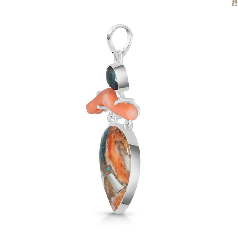 Spiny Oyster Turquoise / Coral & London Blue Topaz Pendant-2SP
