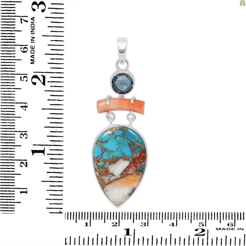 Spiny Oyster Turquoise / Coral & London Blue Topaz Pendant-2SP TRO-1-193