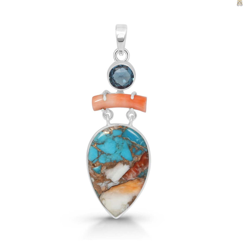 Spiny Oyster Turquoise / Coral & London Blue Topaz Pendant-2SP TRO-1-193
