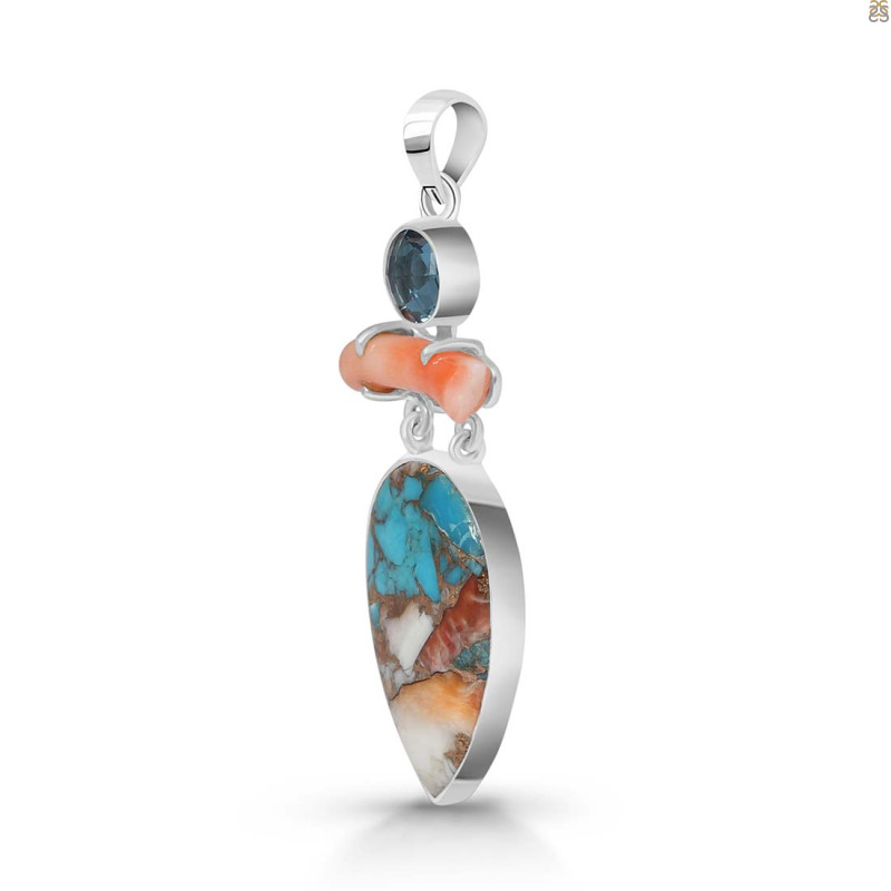 Spiny Oyster Turquoise / Coral & London Blue Topaz Pendant-2SP